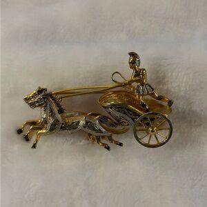 Vintage Gold Silver Black Damascene Roman Chariot Horses Brooch Pin